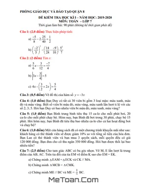 Đề thi học kỳ 1 Toán lớp 7 năm 2019 - 2020 phòng GD&ĐT Quận 8 - TP HCM