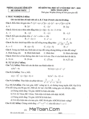 Đề thi học kì 1 Toán 8 năm 2017 - 2018 phòng GD&ĐT Vĩnh Yên - Vĩnh Phúc