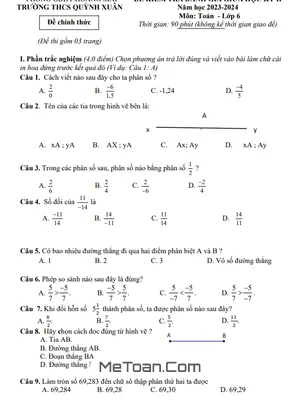 Đề thi giữa kì 2 Toán lớp 6 năm 2023 - 2024 trường THCS Quỳnh Xuân - Nghệ An