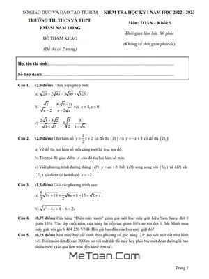 Đề Tham Khảo Học Kỳ 1 Toán 9 Năm 2022 - 2023 Trường EMASI Nam Long - TP.HCM