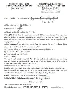 Đề thi giữa học kì 2 Toán 9 năm 2023 – 2024 trường THCS Chương Dương – Hà Nội