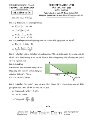 Đề thi học kì 2 Toán 8 năm 2019 - 2020 trường THCS Đồng Đen - TP.HCM