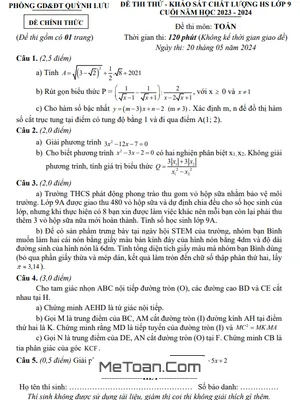 Đề khảo sát Toán 9 cuối năm 2023 - 2024 phòng GD&ĐT Quỳnh Lưu - Nghệ An