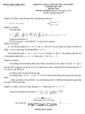 Đề KSCL Toán Ôn Thi Vào 10 Năm 2023 - 2024 Phòng GD&ĐT Thiệu Hóa - Thanh Hóa