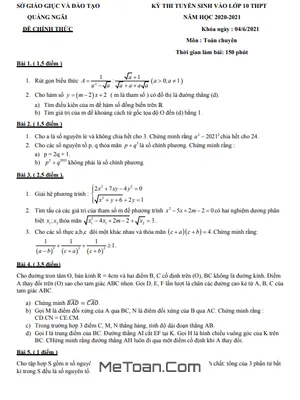 Đề thi tuyển sinh lớp 10 môn Toán (hệ chuyên) năm 2021 - 2022 Sở GD&ĐT Quảng Ngãi