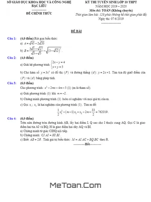 Đề Thi Vào Lớp 10 THPT Năm 2019 - 2020 Môn Toán Sở GD&ĐT Bạc Liêu