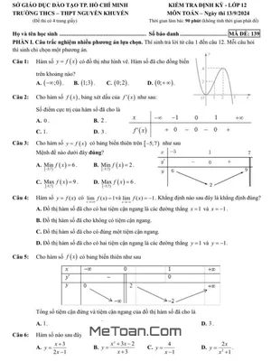 Đề kiểm tra Toán 12 năm học 2024 - 2025 trường THCS&THPT Nguyễn Khuyến - TP.HCM (13/09/2024)