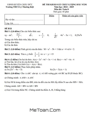 Đề khảo sát Toán 8 đầu năm 2024 - 2025 trường THCS Lý Thường Kiệt - BR VT