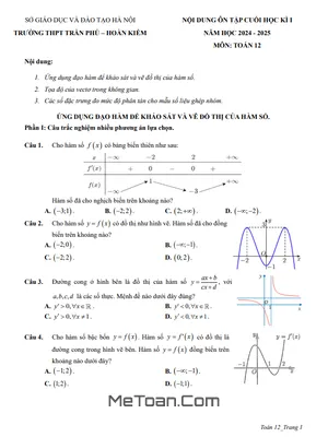 Ôn Tập Cuối Kì 1 Toán 12 Năm 2024 - 2025 Trường THPT Trần Phú - Hà Nội