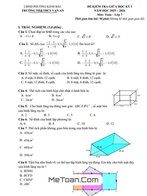 Tải Đề Thi Giữa Học Kỳ 1 Toán 7 Năm 2025 - 2026 Trường Vạn An, Bắc Ninh (Có Đáp Án Chi Tiết)