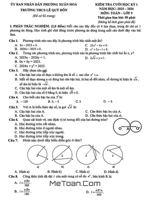 Đề thi học kì 1 Toán 9 năm 2025 - 2026 Trường THCS Lê Quý Đôn - TP.HCM