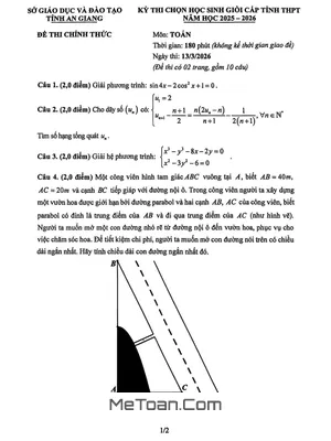 Đề Thi Chọn Học Sinh Giỏi Tỉnh Môn Toán THPT Năm Học 2025 – 2026 Sở GD&ĐT An Giang