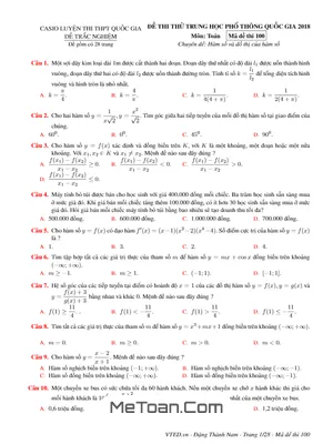 Bài Tập Trắc Nghiệm Chuyên Đề Hàm Số Và Đồ Thị Của Hàm Số Có Đáp Án - Đặng Thành Nam