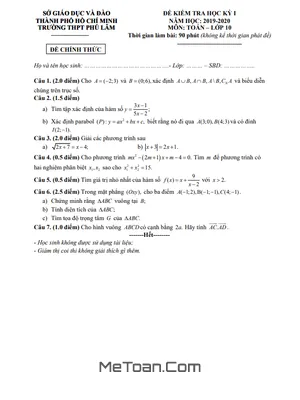 Đề thi HK1 Toán 10 năm 2019 - 2020 trường THPT Phú Lâm - TP.HCM