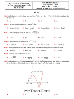 Đề thi học kì 1 Toán 12 năm 2022 - 2023 trường THPT Thủ Khoa Huân - TP HCM