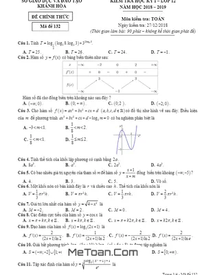 Đề thi học kỳ 1 Toán 12 năm học 2018 - 2019 sở GD&ĐT Khánh Hòa