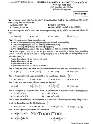 Đề thi giữa kỳ 1 Toán 11 năm 2018 - 2019 trường THPT Việt Nam - Ba Lan - Hà Nội