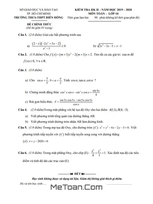 Đề thi học kì 2 Toán 10 năm 2019 - 2020 trường Diên Hồng - TP.HCM