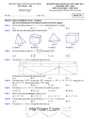 Đề Thi Giữa Kì 1 Toán 12 Cơ Bản Năm 2023-2024 Trường Chuyên Lê Quý Đôn - Điện Biên
