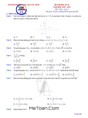 Đề thi học kì 2 Toán 12 năm học 2018 - 2019 sở GD&ĐT Tây Ninh