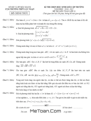 Đề thi chọn học sinh giỏi Toán 10 năm học 2016 - 2017 trường THPT Lục Ngạn - Bắc Giang