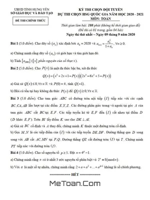 Đề chọn đội tuyển thi HSG Toán Quốc gia năm 2020 - 2021 Sở GD&ĐT Hưng Yên