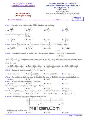 Đề KSCL Toán Thi Tốt Nghiệp THPT 2021 Lần 2 Trường Yên Định 2 - Thanh Hóa