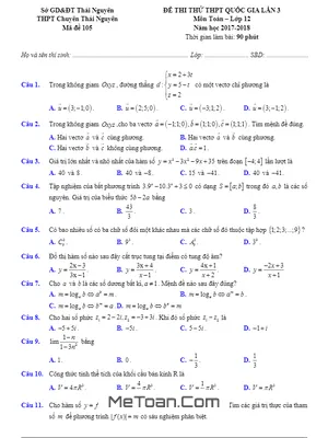 Đề thi thử Toán THPT Quốc gia 2018 trường THPT chuyên Thái Nguyên lần 3 - Mã đề 105