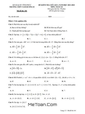 Đề thi giữa kì 1 Toán 10 năm 2021 - 2022 trường THPT Tam Dương 2 - Vĩnh Phúc