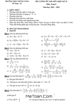 Đề Cương Ôn Tập Giữa Kì 2 Toán 8 Năm 2021 - 2022 Trường THCS Thăng Long - Hà Nội