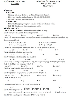 Đề Cương Ôn Tập Học Kỳ 1 Toán 6 Năm 2023 - 2024 Trường THCS Dịch Vọng - Hà Nội