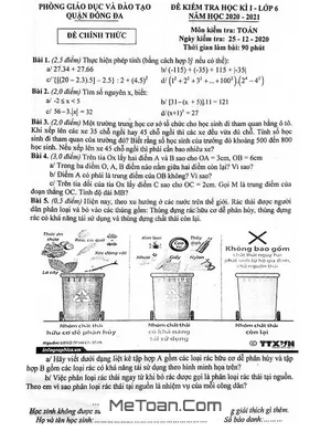 Đề thi học kì 1 Toán lớp 6 năm 2020 - 2021 phòng GD&ĐT Đống Đa - Hà Nội