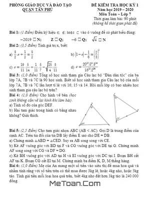 Đề thi HK1 Toán 7 năm học 2019 - 2020 phòng GD&ĐT Tân Phú - TP HCM
