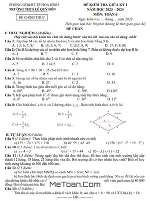Đề thi giữa kì 1 Toán 6 năm 2023 - 2024 trường THCS Lê Quý Đôn - Hòa Bình