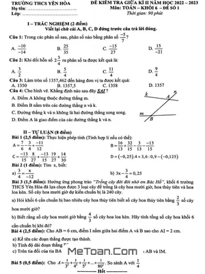 Đề thi giữa kì 2 Toán 6 năm 2022 - 2023 trường THCS Yên Hòa - Hà Nội