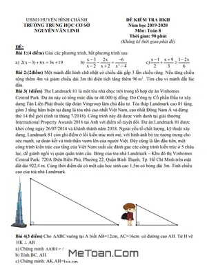 Đề thi học kì 2 Toán 8 năm 2019 - 2020 trường THCS Nguyễn Văn Linh - TP HCM