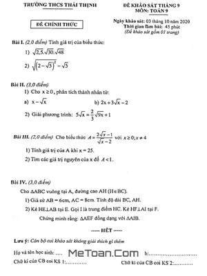 Đề khảo sát chất lượng Toán 9 tháng 9 năm 2020 - Trường THCS Thái Thịnh, Hà Nội