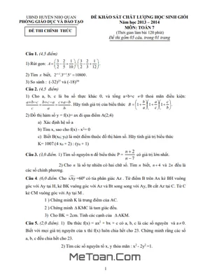 Đề thi học sinh giỏi huyện môn Toán lớp 7 năm 2013 - 2014, phòng GD&ĐT Nho Quan, Ninh Bình