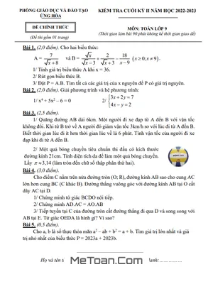 Đề Thi Cuối Kỳ 2 Toán 9 Năm 2022 - 2023 Phòng GD&ĐT Ứng Hòa - Hà Nội