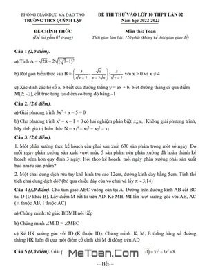 Đề thi thử Toán vào lớp 10 lần 2 năm 2023 trường THCS Quỳnh Lập – Nghệ An