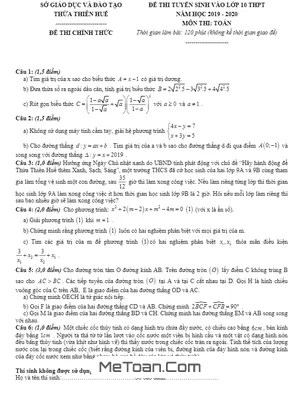 Đề thi và lời giải môn Toán tuyển sinh lớp 10 THPT Thừa Thiên Huế năm 2019-2020