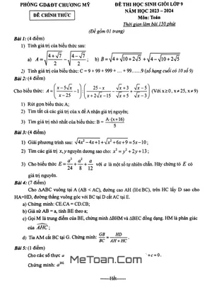 Đề thi học sinh giỏi Toán 9 năm 2023 - 2024 phòng GD&ĐT Chương Mỹ - Hà Nội