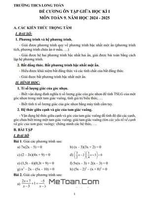 Đề Cương Ôn Tập Giữa Kì 1 Toán 9 Năm 2024 - 2025 Trường THCS Long Toàn - BR VT