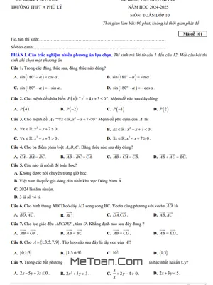 Đề giữa kì 1 Toán 10 năm 2024 - 2025 trường THPT A Phủ Lý - Hà Nam