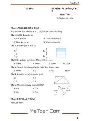 Bộ 10 đề thi cuối học kì 2 môn Toán lớp 2