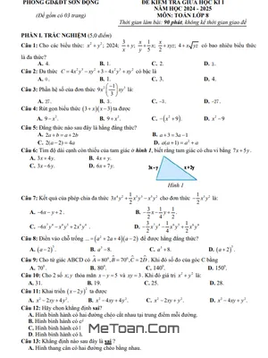 Đề thi giữa kì 1 Toán 8 năm 2024 - 2025 phòng GD&ĐT Sơn Động - Bắc Giang