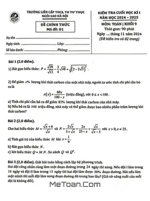 Đề thi học kì 1 Toán 9 năm 2024 - 2025 trường TH&THCS Ngôi Sao Hà Nội