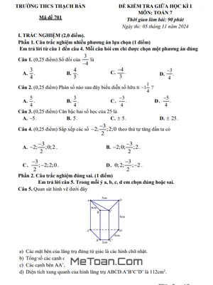 Đề Giữa Kì 1 Toán 7 Năm 2024-2025 Trường THCS Thạch Bàn, Hà Nội Kèm Đáp Án