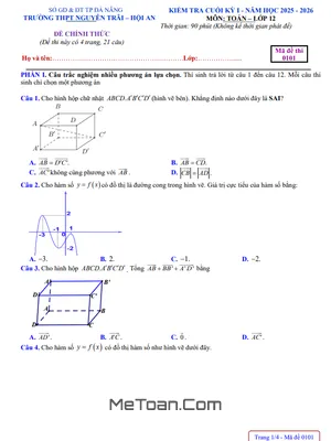 Đề cuối kỳ 1 Toán 12 năm 2025 – 2026 trường THPT Nguyễn Trãi – Đà Nẵng
