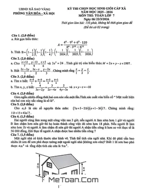 Đề Thi Chọn Học Sinh Giỏi Toán 7 Xã Sao Vàng, Thanh Hóa Năm 2025-2026
